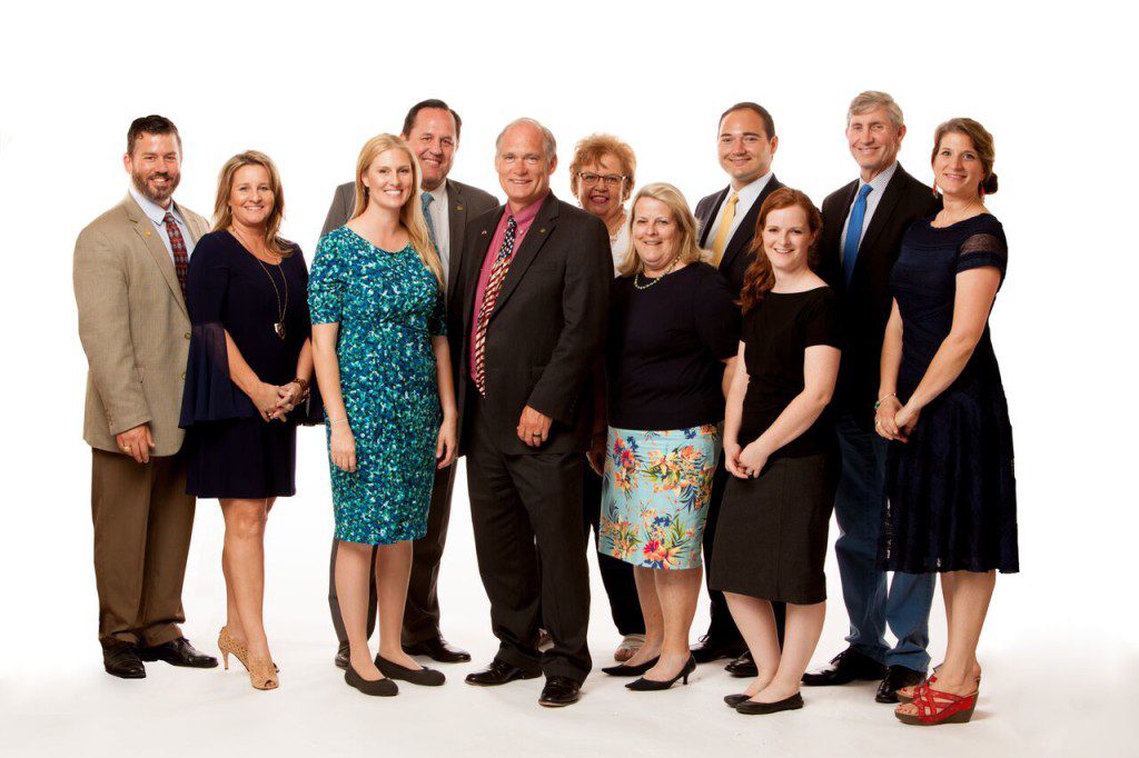 Some local officials who attended Teacher Recognition Night 2016: (front row left to right) Kelli Cheever, Rachel Saunders, Mayor Mark Mathews, Colleyville City Councilwoman Nancy Coplen, Sarah Scheel, Lauren Wright; (2nd row left to right) Michael Blakemore, Councilman Rick Barnes, Trustee Jo Lynn Haussmann, Councilman Armin Mizani, Bishop Lance Pierce